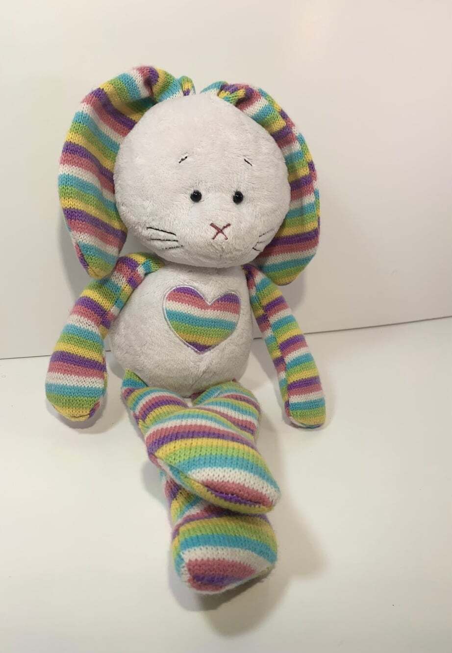 16" GANZ WHITE KNIT BUNNY RABBIT RAINBOW STRIPES PLUSH